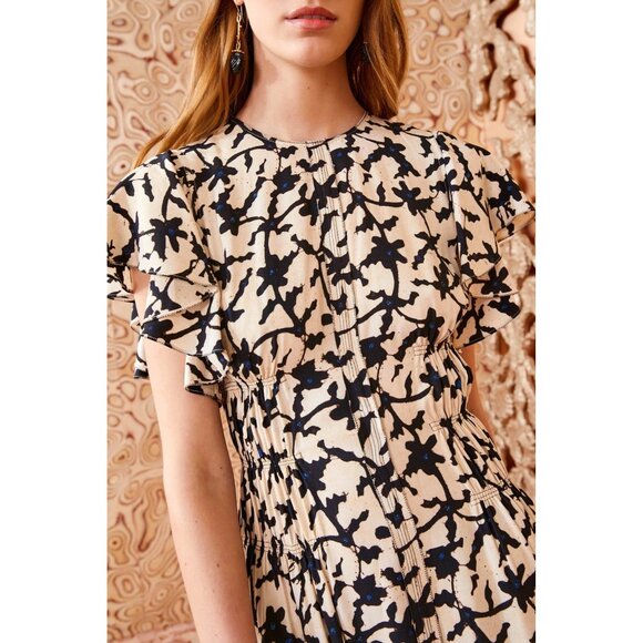 ULLA JOHNSON Anais ruffled printed crepe midi‎ dress in Beige Black 4 - Picture 15 of 16